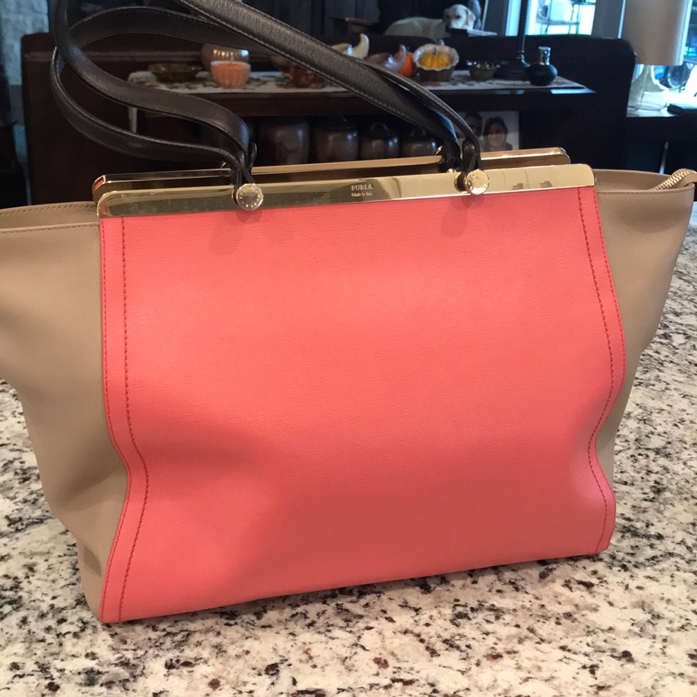 Furla coral and tan handbag